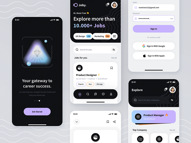 Joby. Jobs Finder Application app application colorful gradient hire hiring job finder jobs jobs listing mobile app ui ui design uiux uiux design uxui work