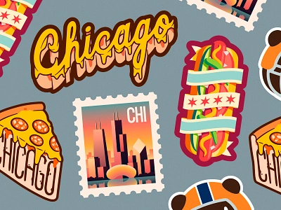 Chicago stickers bear chicago city food hot dog illinois illustration mule pepperoni pie pizza postal stamp sticker us usa