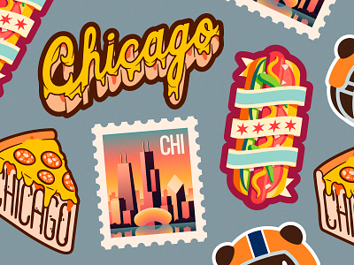 Chicago stickers bear chicago city food hot dog illinois illustration mule pepperoni pie pizza postal stamp sticker us usa