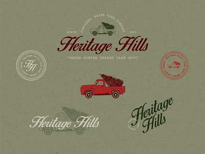 Heritage Hills badge brand identity branding christmas holiday illustration logo script stamp tree truck typography vector