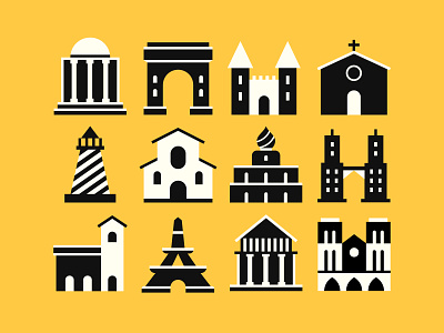 Monument icon set arch architecture building castle cathedral church city design flat geometric heritage house icon set icons illustration leo alexandre lighthouse monument tower vector