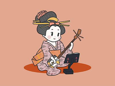 Cute Shamisen Geisha coloful cute art design digital illustration flat geisha history illustration japan japanese music shamisen vector