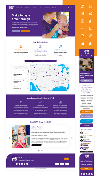 Cure SMA Custom Theme Design charity design disability donate fundraising homepage icons leaf map non profit orange purple site tabs website