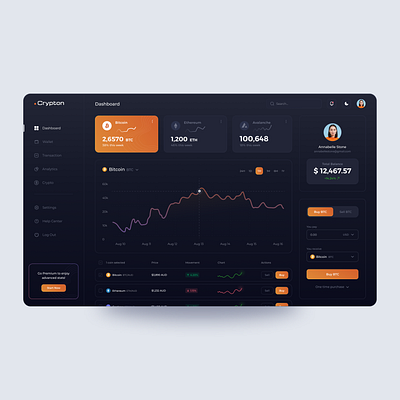Crypto Exchange | Dashboard Design analytics avalanche bitcoin btc coin crypto crypto project cryptocurrency dark mode dashboard ethereum gradient money sell buy table total balance trading transaction ui ui design