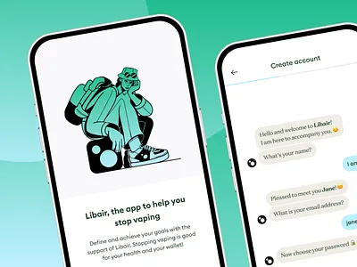 Libair - Quit Vaping App android app appdesign application bot carousel chat chatbot create account ios mobile mobile app onboarding quit quit vaping sign up smoking ui uiux vaping