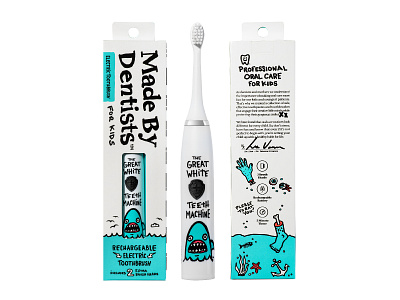 Made By Dentists / For Kids / Electric Toothbrushes branding california character design electric toothbrush hand drawn layout logo logos oral care packaging packaging design shark target toothbrushes typography