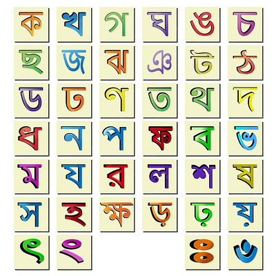 Bengali consonants fonts in different colors vector illustration indian alphabet