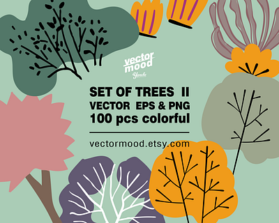 Set of vector trees asset 🌳 art asset background bundle clip art decor draw garden graphic design print set tree vector