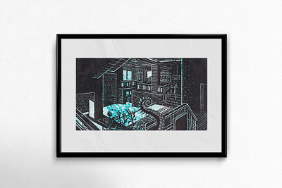 Сhaos in the library/engraving graphic illustration library linocut tentacle
