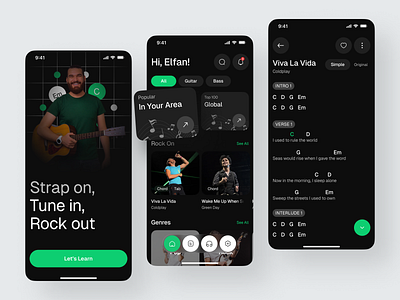 Strum Along - Chord Mobile App beats black chord clean dark mode design green guitar home page minimal minimalist mobile app music music player play playlist song ui user experience ux