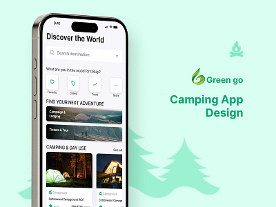 Green GO - Camping App Design adventureawaits camping app design campingadventure campingtips campsitefinder campsitereviews creative travel design explorenature familycamping mobile ui naturelover outdoorexploration trendy design visualdesign wildernessexperience