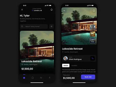 Real Estate App Ui Design (Feedback Appreciated!) app design book app buy app clean daily ui dark mode e com app design ecommerce app house app lake view app minimal mobile app mobile app design modern real estate app real estate app design