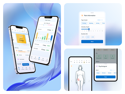 Healthcare Solution for Endometriosis Patients bottom sheet calendar chart clean details endometriosis health illustration mobile mobile app pain product slider statistic tags tracking ui ux woman