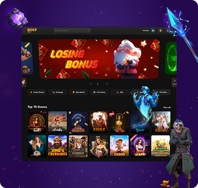 Bolt | Casino Homepage bacarrat branding casino casino games casino website charatcers exchnage fantasy fantasy sports gambling game ui gaming characters homepage landingpage luckyspin slotgames spinwheel sportsbook ui web