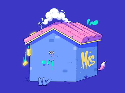 Harold the House. 2d blue cartoon character characterdesign cute foxtail graffiti happy home house illustration illustrator pink