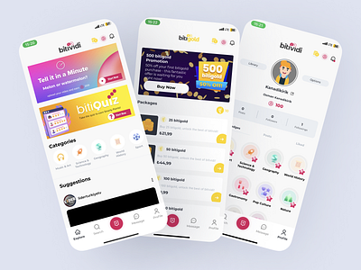 Bitividi: Next Gen Social Media Mobile App UI/UX Design campaign categories colorful feed game gamification gold mobile mobile app packages profile promotion quiz social media ui ux