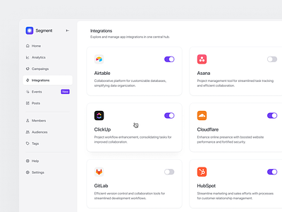 ⚡️ Integrations Page apps brands cards cells component connect connections dashboard hub integrations interaction logo navigation page purple sidebar simple toggle ui ux