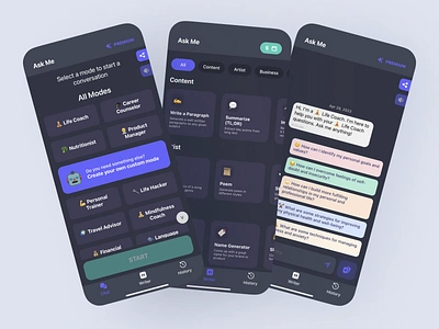 AskMe: AI Chatbot Assistant Mobile App UI/UX Design ai app bot categories chat chatbot chatgpt colorful custom dark llm message mobile mobile app options pastel ui ux writer