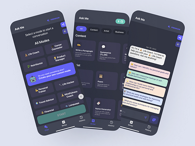 AskMe: AI Chatbot Assistant Mobile App UI/UX Design ai app bot categories chat chatbot chatgpt colorful custom dark llm message mobile mobile app options pastel ui ux writer