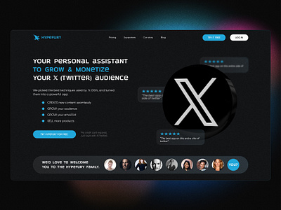 REdesign concept Hypefury black blue blue and black branding bright colors dark glass glass effect gradient landing landing page minamal monetize redesign transparent twitter ui ux x