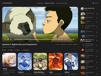 ANIMOTION app bar card cinema date and time desktop download film like dislike movie streamer navigation player playlist product design product detail page pdp series share tv series ui ux watch web design