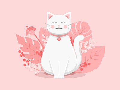 White cat and leaves in pink colors animal background card cats character design graphic design illustration kitten smiling