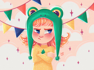 The Girl in the Frog Hat. Funny Illustration with Character. art artist character concept design frog funny girl green hat illustration party stars yellow