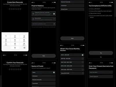 Banking Onboarding app payments bank bank ui bill payments card payments create password create username document document upload document verification fatca file upload finance illustration onboarding source of funds tax ui upload ux