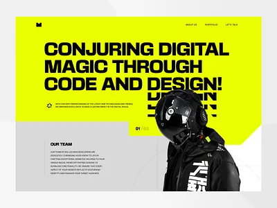 Cyberpunk vibe website 3d bold buttons carousel cyber cyberpunk dev gallery helmet hero list logo magic menu photo render robot ui website yellow