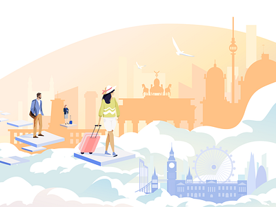 Dreamy Travelers - Illustration Banner airport banner berlin branding city clouds dream dreamer dreams editorial illustration illustrator london mindful skyline traveler traveling