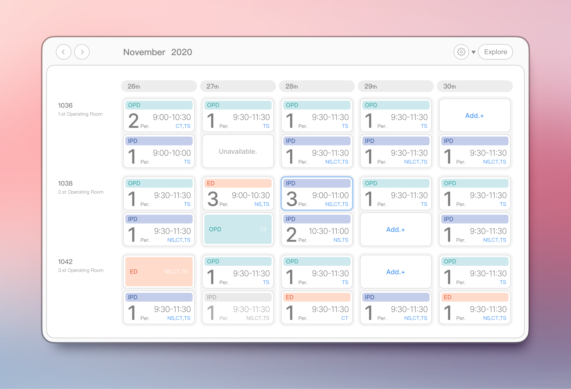 Surgery Room Scheduling UI appointment banner bar block button connect xiaozijin@5even.me dashboard diary figma his hospital light schedule table ui web