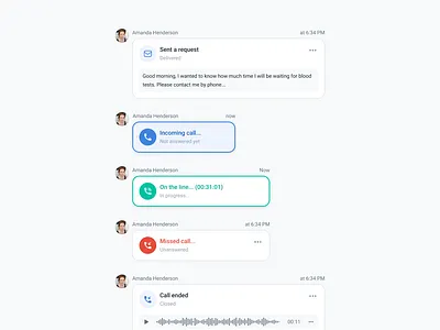 Docplanner Phone - Activity component part II activity answer call book visit call call details clinic component contact history medical facility missed call patient patient details phone number timeline