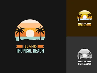 Island logo on tropical beach beach beach logo branding design graphic design illustration island island logo logo palm resort sea sunset surf travel tree tropical vector