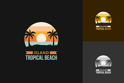 Island logo on tropical beach beach beach logo branding design graphic design illustration island island logo logo palm resort sea sunset surf travel tree tropical vector