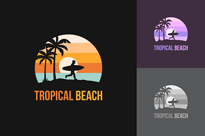 Surfing logo on tropical beach bali beach branding coastline design graphic design hawaii illustration island logo palm sea seascape sillouette sunset surf surfboard surfing tropical vector