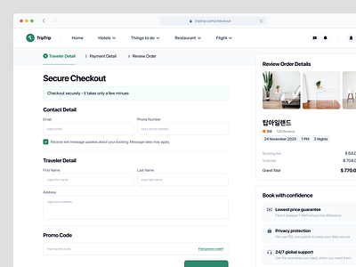 Booking App - Checkout Detail 10am studio booking checkout contact details form hotel detail hotels input product promo saas trip