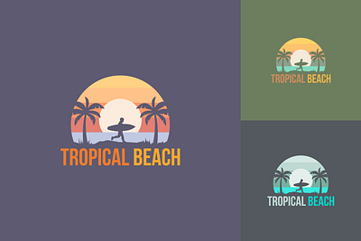 Surfing logo on tropical beach bali beach branding design graphic design hawaii illustration island logo ocean palm sea sillhouette sun sunset surf surfing tree tropical vector