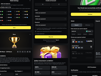Betkin - Online Crypto Casino / Modal Windows UI bonus casino casino games crypto crypto casino crypto coins gambling game gaming igaming leaderboard log in modal window online casino payment sign up ui elements verification wallet welcome bonus