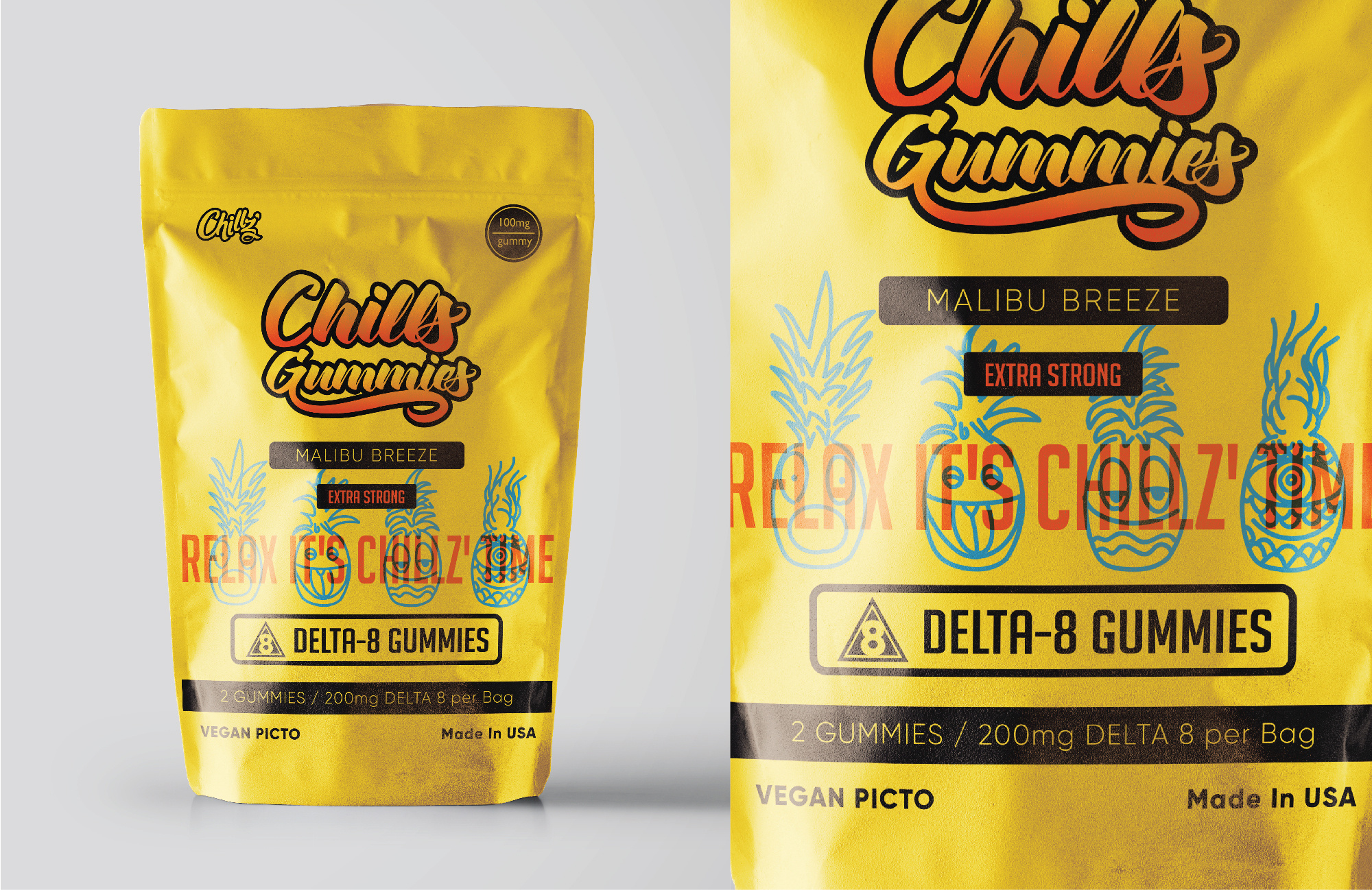 Chills Gummies cannabis chill delta 8 design gummy high illustration illustrator label design packaging packaging design packaging illustration pineapple product label relax yellow