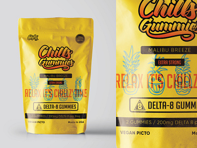 Chills Gummies cannabis chill delta 8 design gummy high illustration illustrator label design packaging packaging design packaging illustration pineapple product label relax yellow