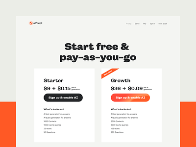 Alfred — Pricing page design ai powered alfred widget edgy faq widget landing page marketing pricing pricing page pricing plans saas product sharp simple startup webdesign website design