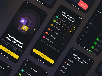 Learn language with cards App .clean app cards checkbox dark lang language learn mobile simple ui ux words