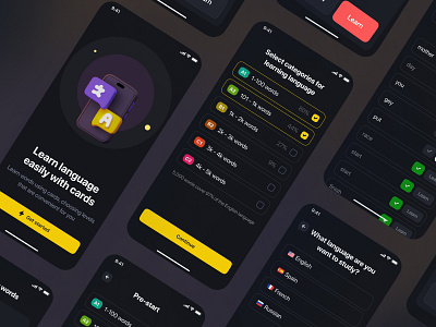 Learn language with cards App .clean app cards checkbox dark lang language learn mobile simple ui ux words
