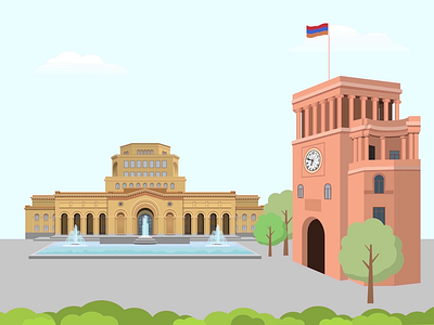 Yerevan Republic square 2d 2d animation 2d illustration after effects animation architecture architecture illustration building cartoon city city details clock tower design fountain illustration illustrator motion graphics museum tourism yerevan