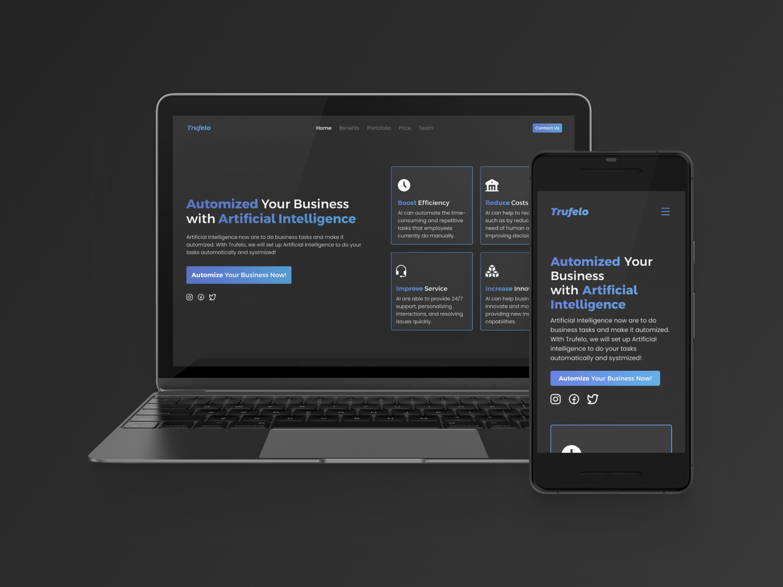 Trufelo - AI Automation Agency agency ai artifical intelligence black blue clean dark theme gray home page landing page purple simple study case ui design uiux uiux design unique design ux design web design website design