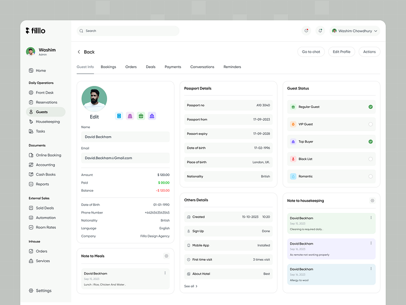 Hotel Management - Guest admin bill booking check inout filllo guest profile guests guests status hotel hotel management housekeeping order reservation revenue room rates saas services task uiux webapp