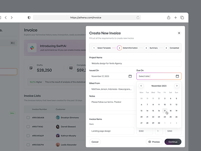 Create New Invoice Modal analytics app design button clean dashboard date picker design invoice modal nav navbar pop up saas saas dashboard sidebar simple statistics stepper ux wizzard