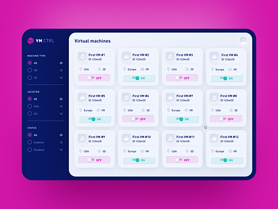 Dashboard for managing virtual machines 3d admin cards dashboard design login machine off on platform purple skeuomorphism status ui ux virtual vm vr web