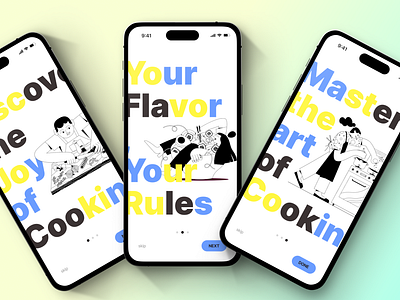 Onboarding - Food Recipe Mobile app art bold branding clean colour theory cook cooking dailyui design food illustration logo mobile app modern recipe trendy typography ui ui design user interface