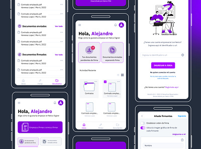 Netco Signer: Your Signature, Your Way aplication app branding button docjuments icon illustration interactivedesign mobile mobile app purple resposibe screen tables mobile userexperience uxui